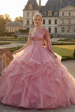 Vestido de baile rosa con volantes y lentejuelas de un solo hombro y manga larga