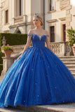 Vestido de Quinceañera de Quinceañera Azul Real con Cuentas y Purpurina con Apuntes Al Hombro Cubierto
