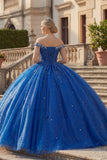 Vestido de Quinceañera de Quinceañera Azul Real con Cuentas y Purpurina con Apuntes Al Hombro Cubierto