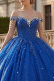 Vestido de Quinceañera de Quinceañera Azul Real con Cuentas y Purpurina con Apuntes Al Hombro Cubierto