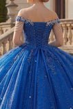 Vestido de Quinceañera de Quinceañera Azul Real con Cuentas y Purpurina con Apuntes Al Hombro Cubierto