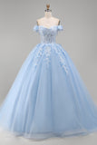 Vestido de gala azul claro con corsé aplicado al hombro y vestido de quinceañera