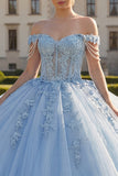 Vestido de gala azul claro con corsé aplicado al hombro y vestido de quinceañera