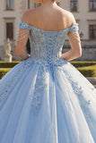 Vestido de gala azul claro con corsé aplicado al hombro y vestido de quinceañera