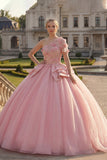 Vestido de gala, vestido rosa de un hombro con aplicada de quinceañera