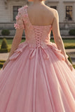 Vestido de gala, vestido rosa de un hombro con aplicada de quinceañera
