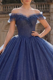 Vestido de baile de la princesa quinceañera con purpurina azul marino y purpurina