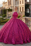 Vestido de baile de escote lúcspero fucsia con lentejuelas Quinceañera