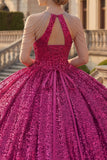 Vestido de baile de escote lúcspero fucsia con lentejuelas Quinceañera
