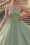Vestido de gala Vestido de cortesé verde menta con escote halter, purpurina y purpurina Quinceañera