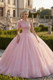 Vestido de baile de un hombro rosa fruncido con purpurina aplicada y vestido de quinceañera