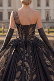 Vestido de baile negro de un solo hombro con aplicada Quinceañera
