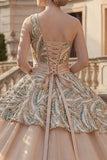 Vestido de baile de champán brillante con lentejuelas de un hombro y lentejuelas Quinceañera