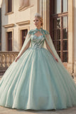 Vestido de baile brillante Sweetheart Sequins Verde menta Vestido de quinceañera con capa