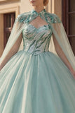 Vestido de baile brillante Sweetheart Sequins Verde menta Vestido de quinceañera con capa