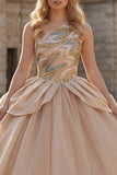Vestido de gala brillante de lentejuelas de un solo hombro Vestido champán de quinceañera