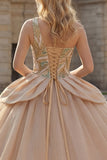 Vestido de gala brillante de lentejuelas de un solo hombro Vestido champán de quinceañera