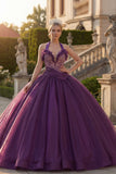 Vestido de bala de Quinceañera con cuello de cuentas y cuello halter, morado oscuro y volantes