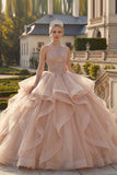 Vestido de baile champán de un hombro con cuentas y volantes