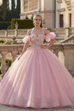 Vestido de baile rosa con escote halter y mangas de quinceañera con flops