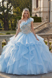 Vestido de gala de un hombro azul cielo con pliegues de quinceañera y volantes