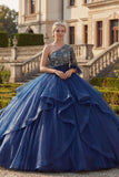 Vestido de baile azul marino de un hombro floral de quinceañera con volantes