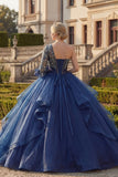 Vestido de baile azul marino de un hombro floral de quinceañera con volantes