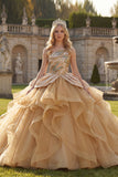 Vestido de gala brillante de un solo hombro, lentejuelas, vestido champán de quinceañera con volantes
