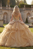 Vestido de gala brillante de un solo hombro, lentejuelas, vestido champán de quinceañera con volantes