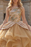 Vestido de gala brillante de un solo hombro, lentejuelas, vestido champán de quinceañera con volantes