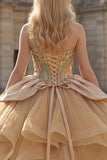 Vestido de gala brillante de un solo hombro, lentejuelas, vestido champán de quinceañera con volantes
