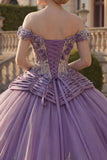 Vestido de gala de hombros descubiertos, vestido morado de quinceañera con apliques, arrugado