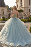 Vestido de gala brillante, vestido de quinceañera azul polvoriento con lentejuelas de un solo hombro y volantes