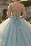 Vestido de gala brillante, vestido de quinceañera azul polvoriento con lentejuelas de un solo hombro y volantes