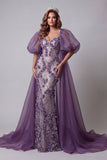 Vestido de certamen de sirenas de manga ahalchada morado con flores en 3D
