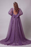 Vestido de certamen de sirenas de manga ahalchada morado con flores en 3D