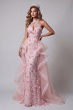 Vestido de certamen de sirenas rosa con volantes abiertos con volantes