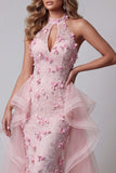 Vestido de certamen de sirenas rosa con volantes abiertos con volantes
