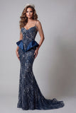 Vestido de certamen de sirenas azul marino de lentejuelas de hombro frío