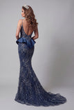 Vestido de certamen de sirenas azul marino de lentejuelas de hombro frío