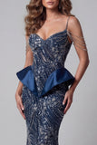 Vestido de certamen de sirenas azul marino de lentejuelas de hombro frío