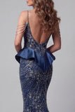 Vestido de certamen de sirenas azul marino de lentejuelas de hombro frío
