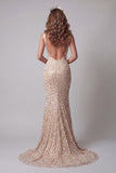 Vestido de certamen de sirena con cuello V y lentejuelas champán