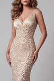 Vestido de certamen de sirena con cuello V y lentejuelas champán