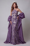 Vestido de certamen de sirenas morado con cape