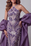 Vestido de certamen de sirenas morado con cape