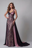 Vestido de certamen de sirenas ciruelas con capa, sirena y lentejuelas