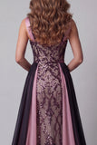 Vestido de certamen de sirenas ciruelas con capa, sirena y lentejuelas