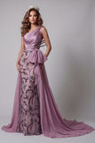 Vestido vintage malva de un solo hombro con lazos de sirena con lazo