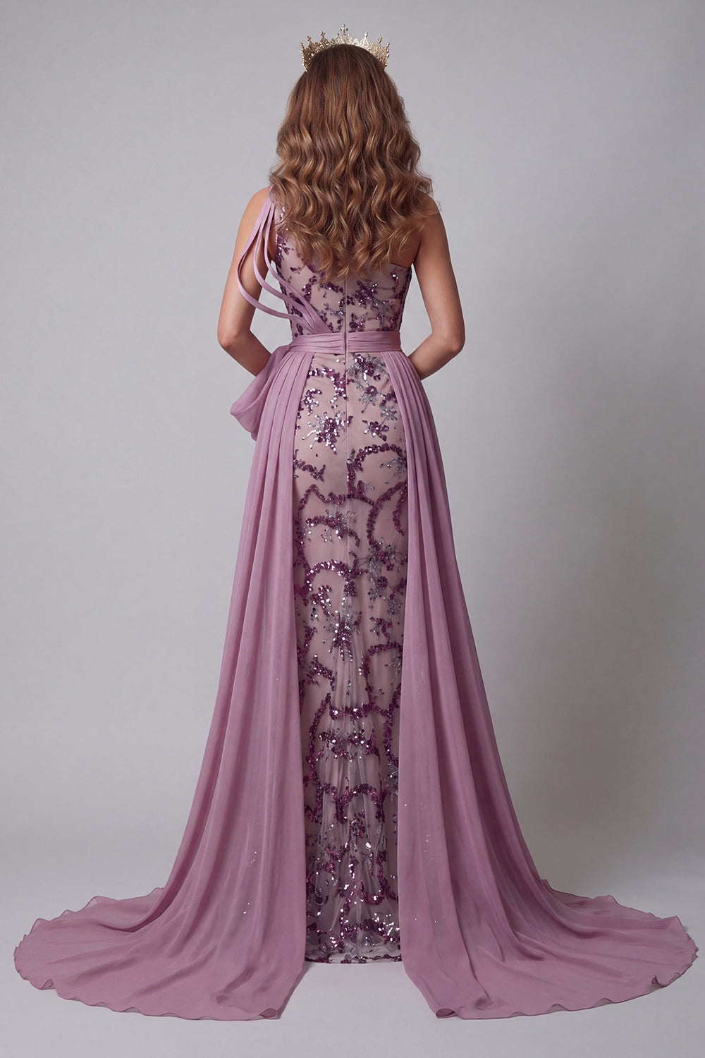Vestido vintage malva de un solo hombro con lazos de sirena con lazo